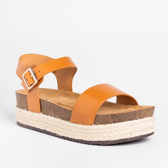 Cognac band espadrille platform wedge sandals - Picture 3 of 4
